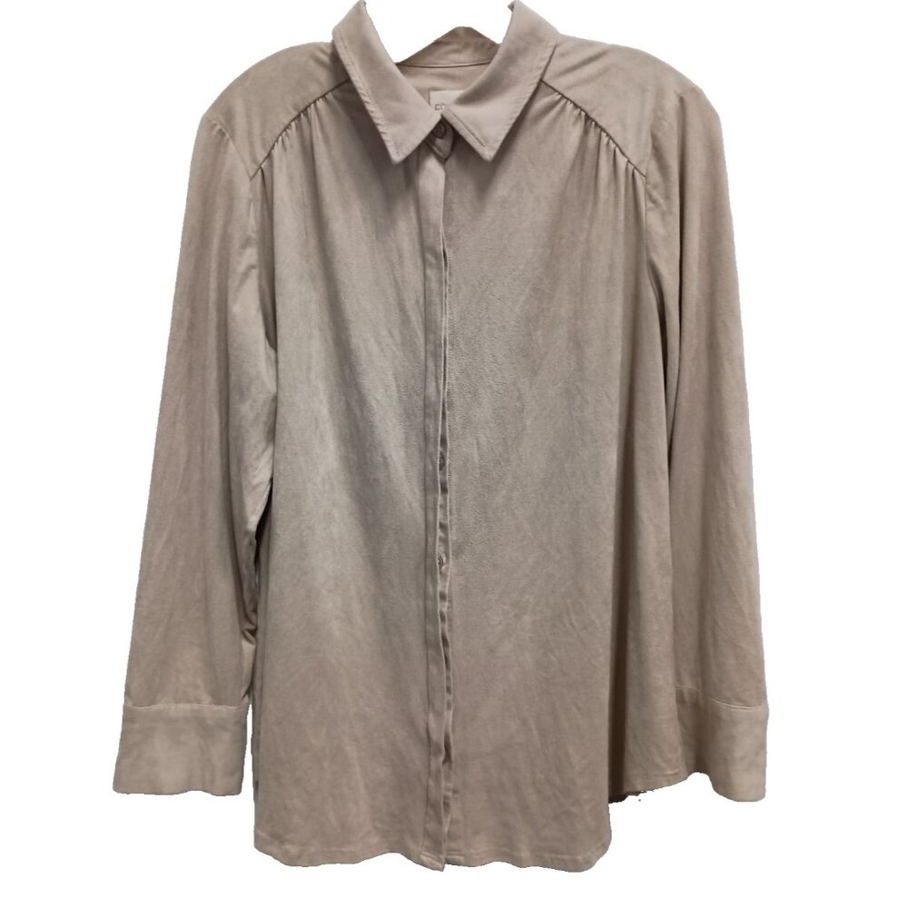 Chicos Womens Shirt Size Large Beige Faux Suede Long‎ Sleeve Minimalist Neutral
